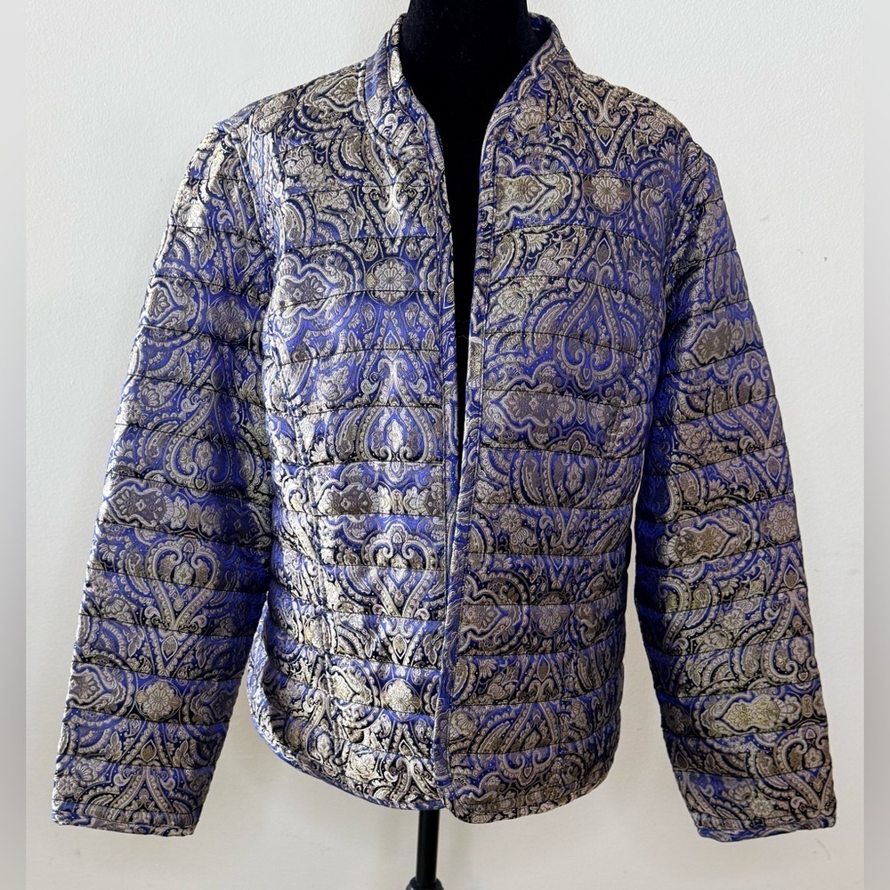 Chicos purple black paisley Jacquard reversible quilted classic chic jacket XL